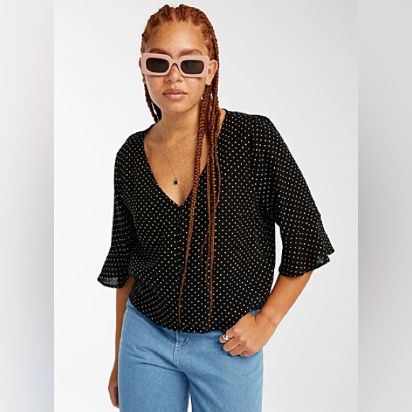 Buttoned Printed V-Neck Blouse - Picture 1 of 4